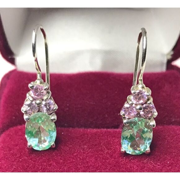 Sterling Silver Green Ice Pink CZ Ring (Size 8), 18”Necklace, Earrings Set - Picture 11 of 16